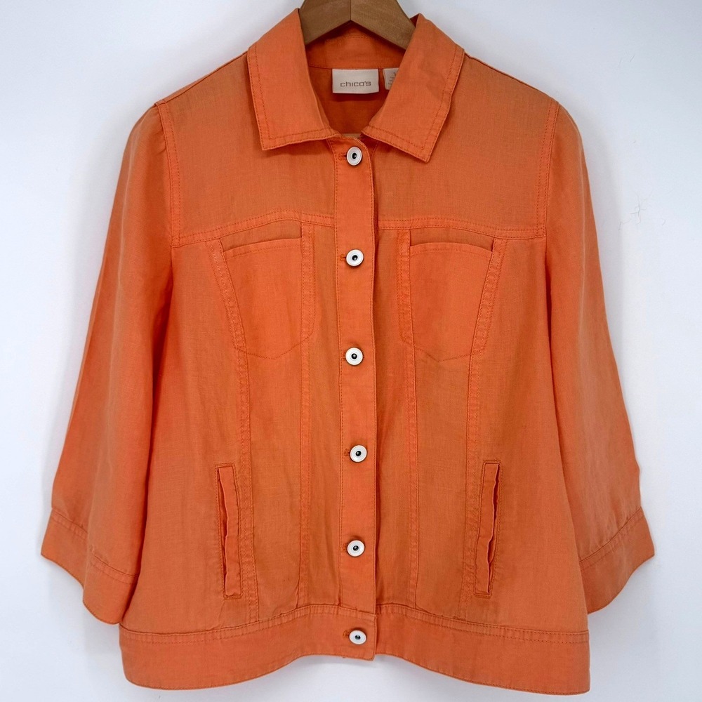 Chicos Womens Orange Linen Button Front 3/4 Sleeve Utility Jacket Size 1 M
